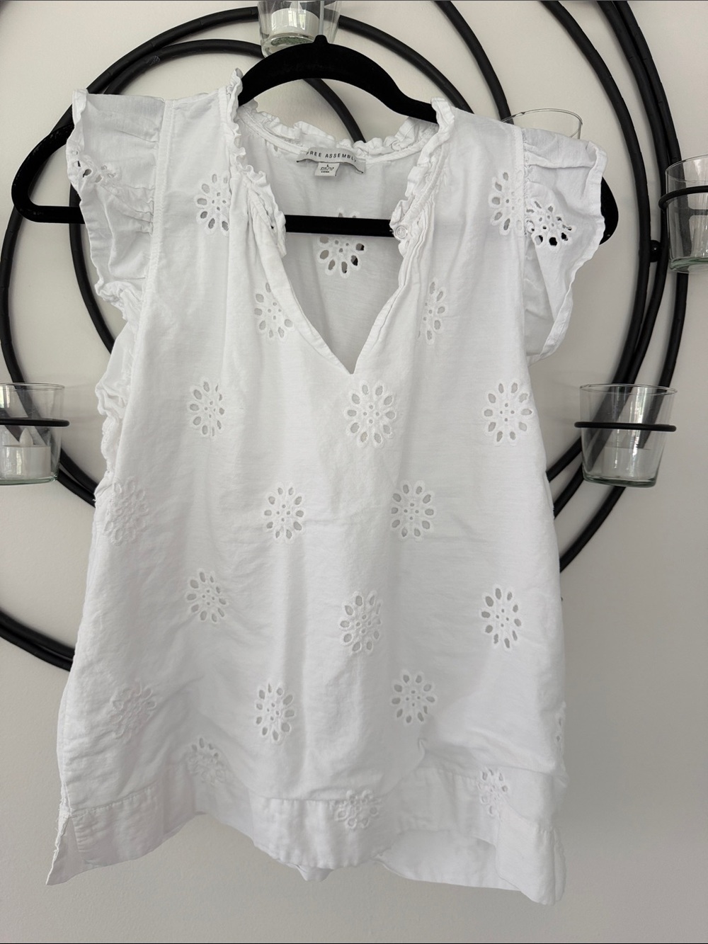 White Eyelet V-Neck Flutter Sleeve Top
